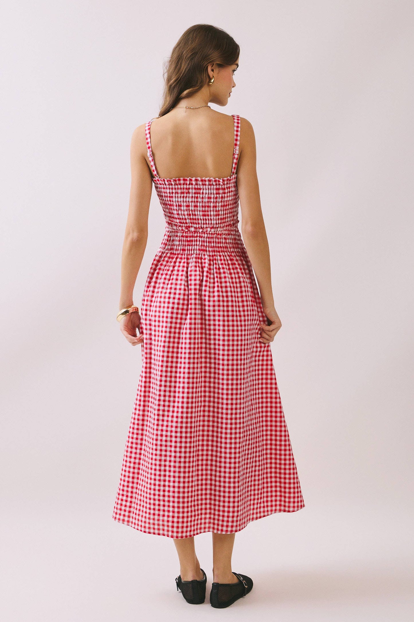 Gingham Smocked Bodice Midi Dress