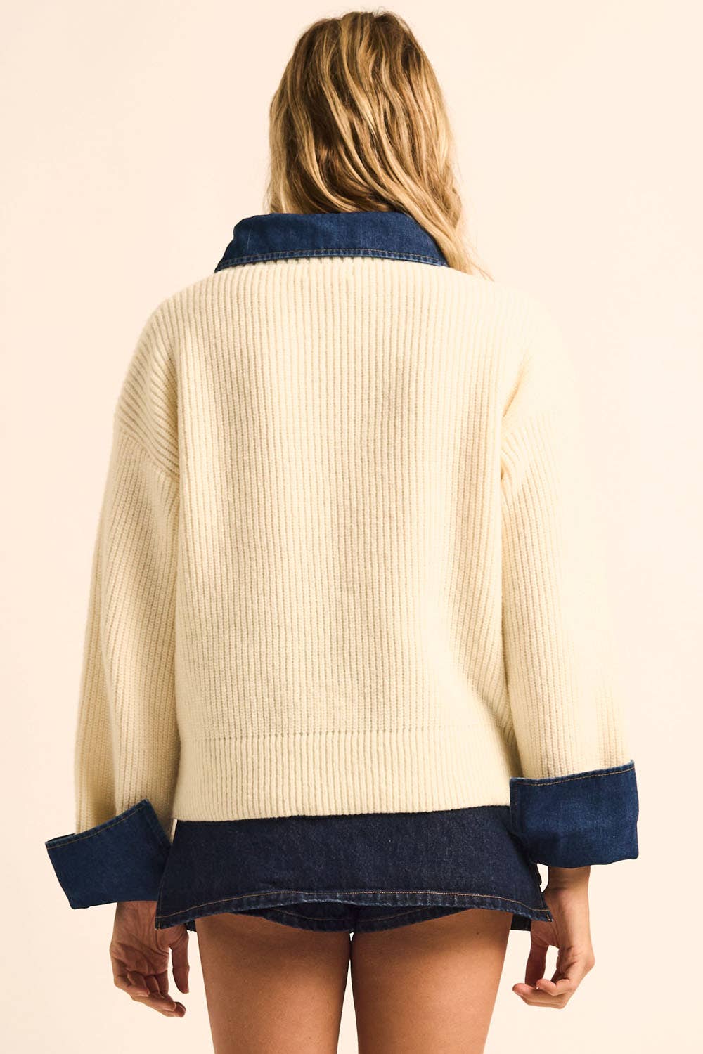 Rib-Knit and Denim Layered-Look Split-neck Collared Sweater