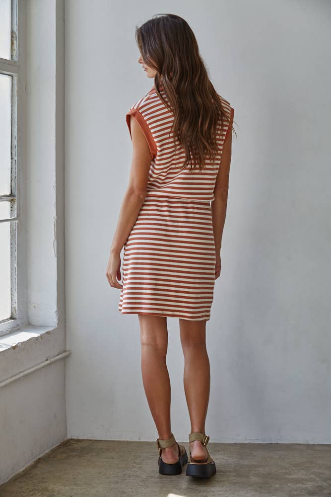 Knit Cotton Spandex Striped Ribbed V-Neck Polo Mini
