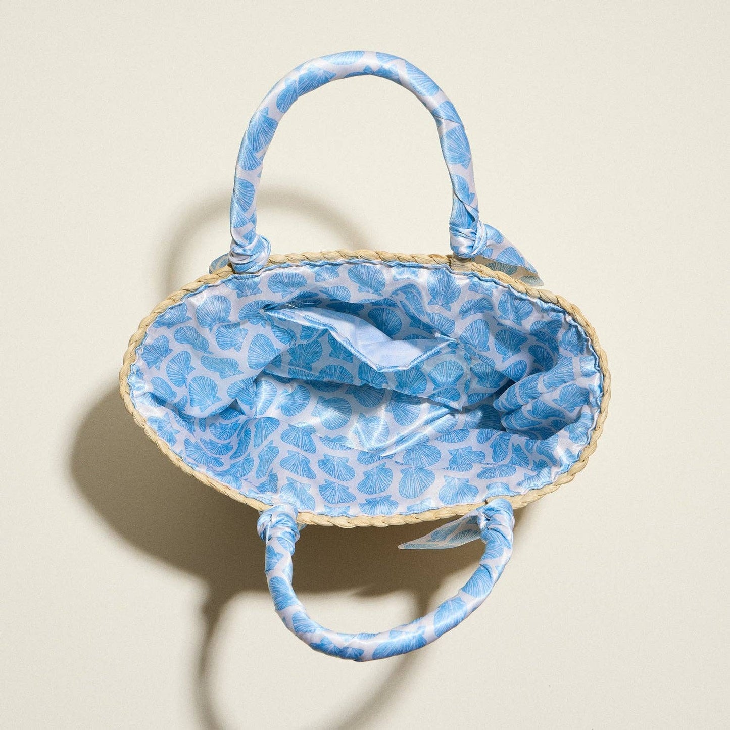 Woven Raffia Mini Tote Bag with Sea Shell Scarf Handles & Lining