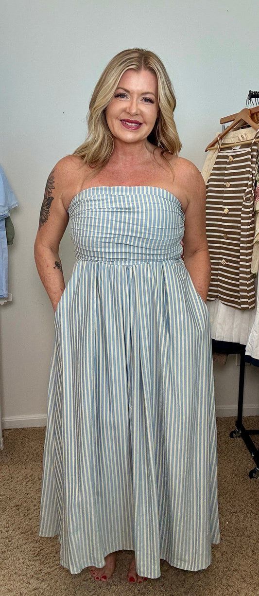 Striped Strapless Flare Maxi Dress