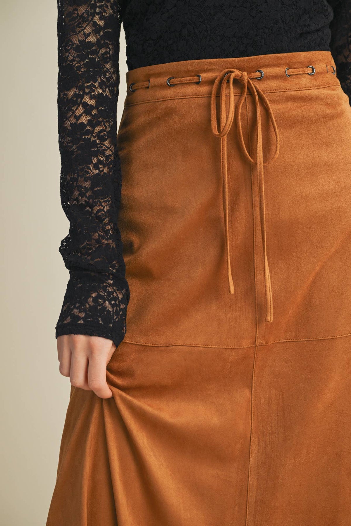 Drawstring Waist Sueded A-Line Skirt