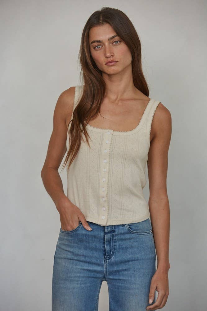 Knit Cotton Pointelle Ribbed Lace Trim Detail Tank