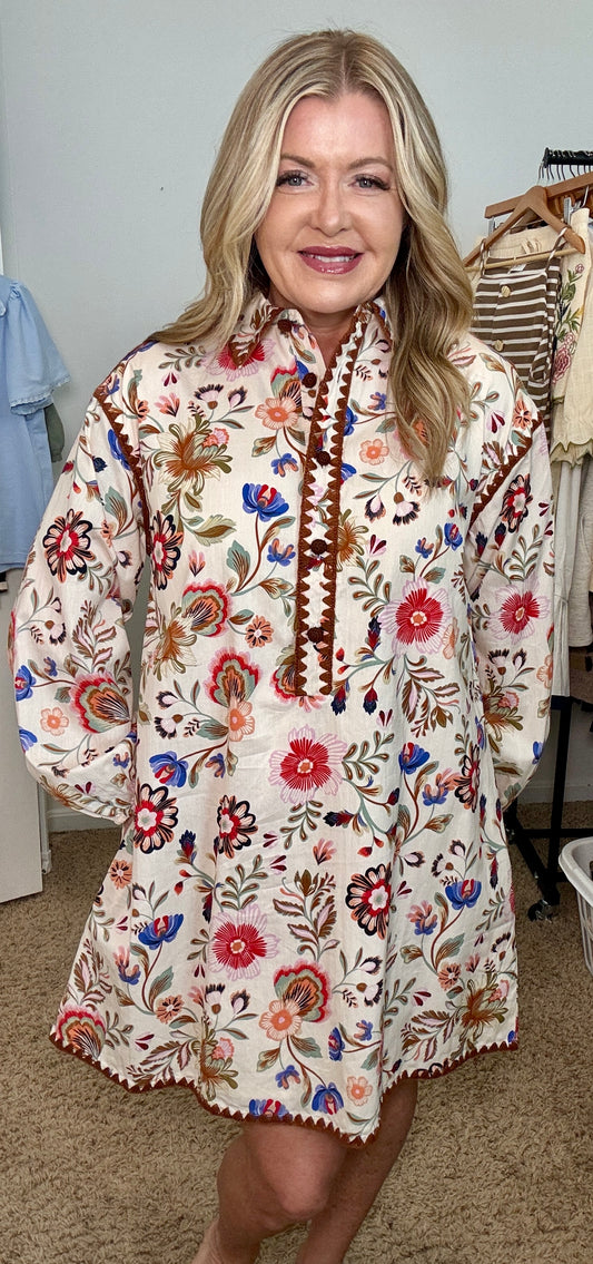 Blanket Stitch Button Down Mini Dress