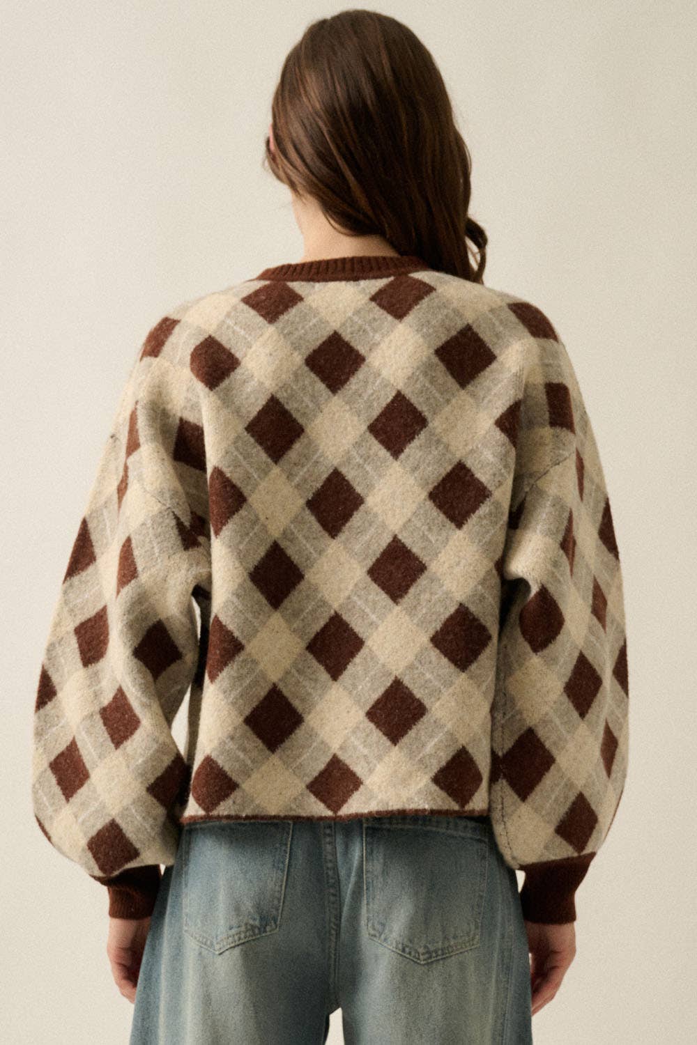 Plaid Jacquard-Knit Button-Front Crew-Neck Cardigan Sweater