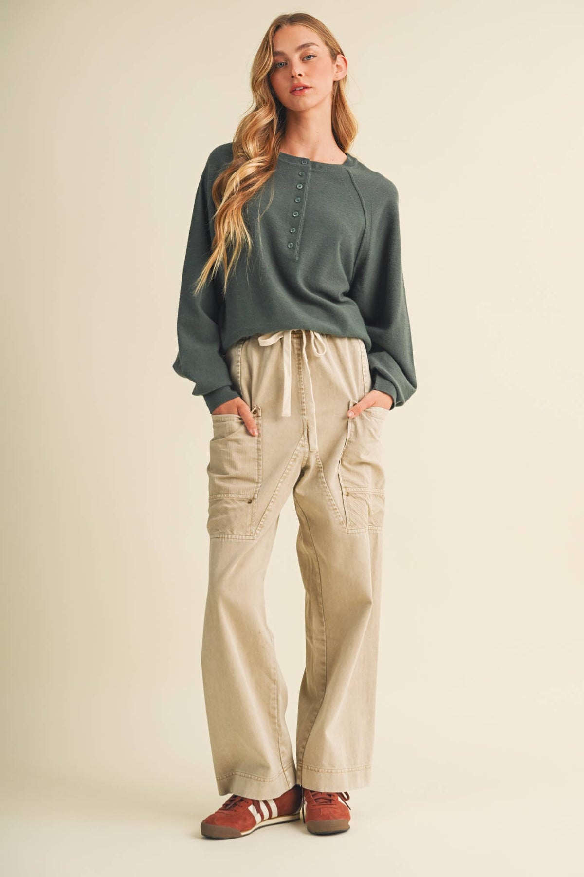Drawstring Waist Wide Leg Utility Trouser