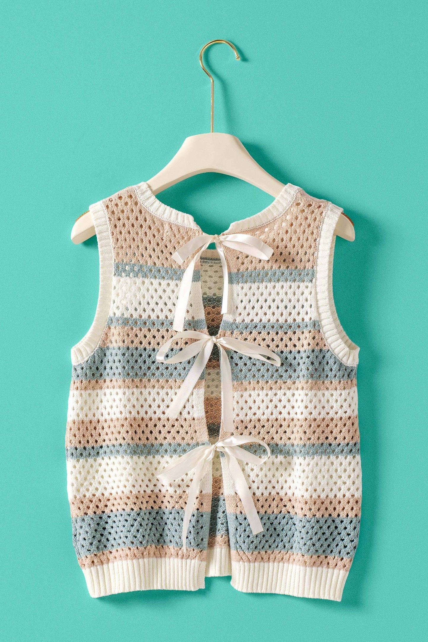 Striped Crochet Knit Vest w/Triple Ribbon Tie Back