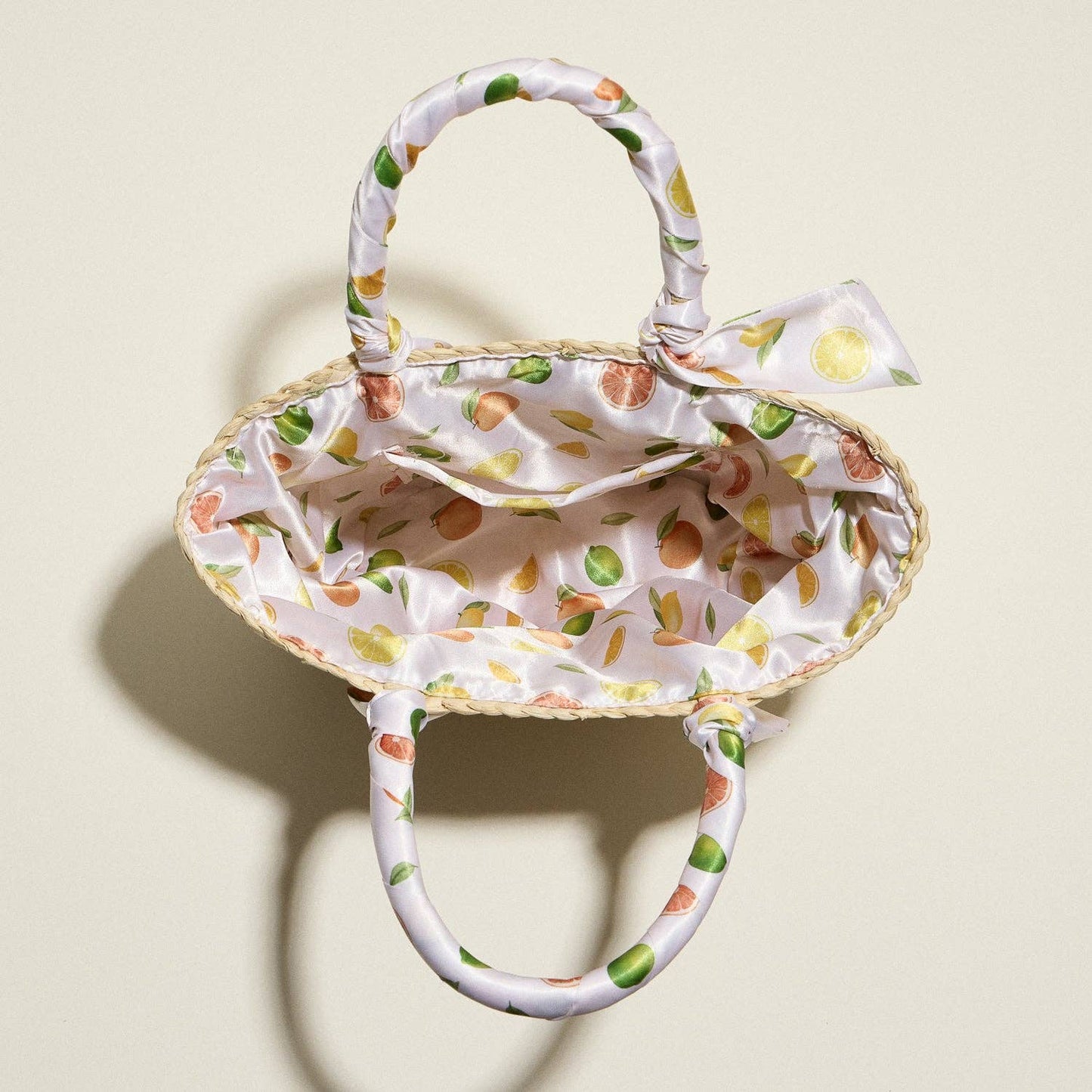 Woven Raffia Mini Tote Bag with Lemon Scarf Handles and Lining