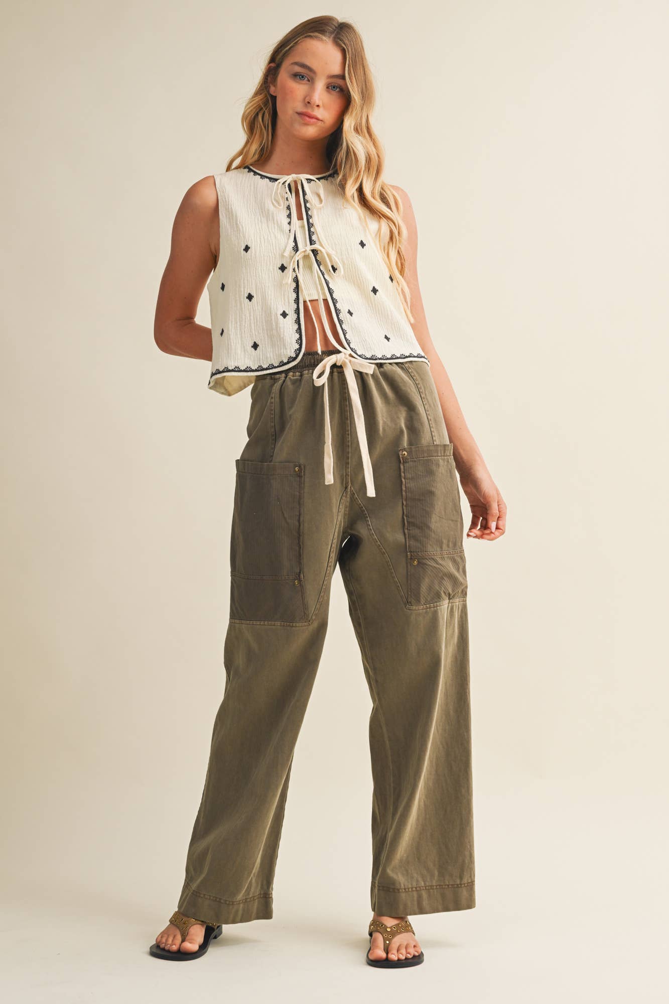 Embroidered Tie Front Vest