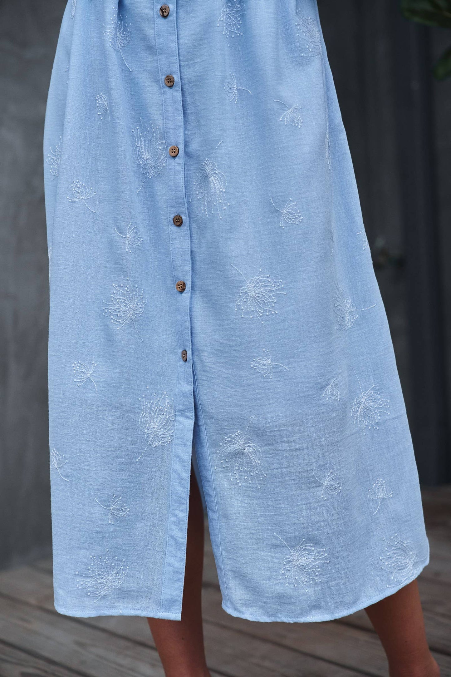 Embroidered Linen Blend Button Front Midi Dress