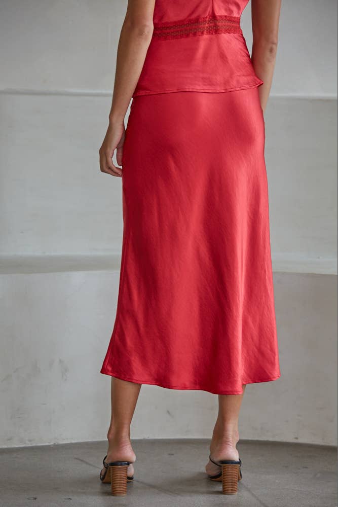 Woven Satin Waist Elastic Band Midi Skirt