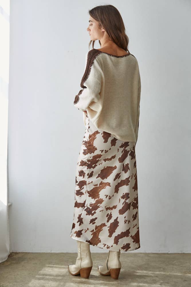 Cow Print Satin Midi Skirt