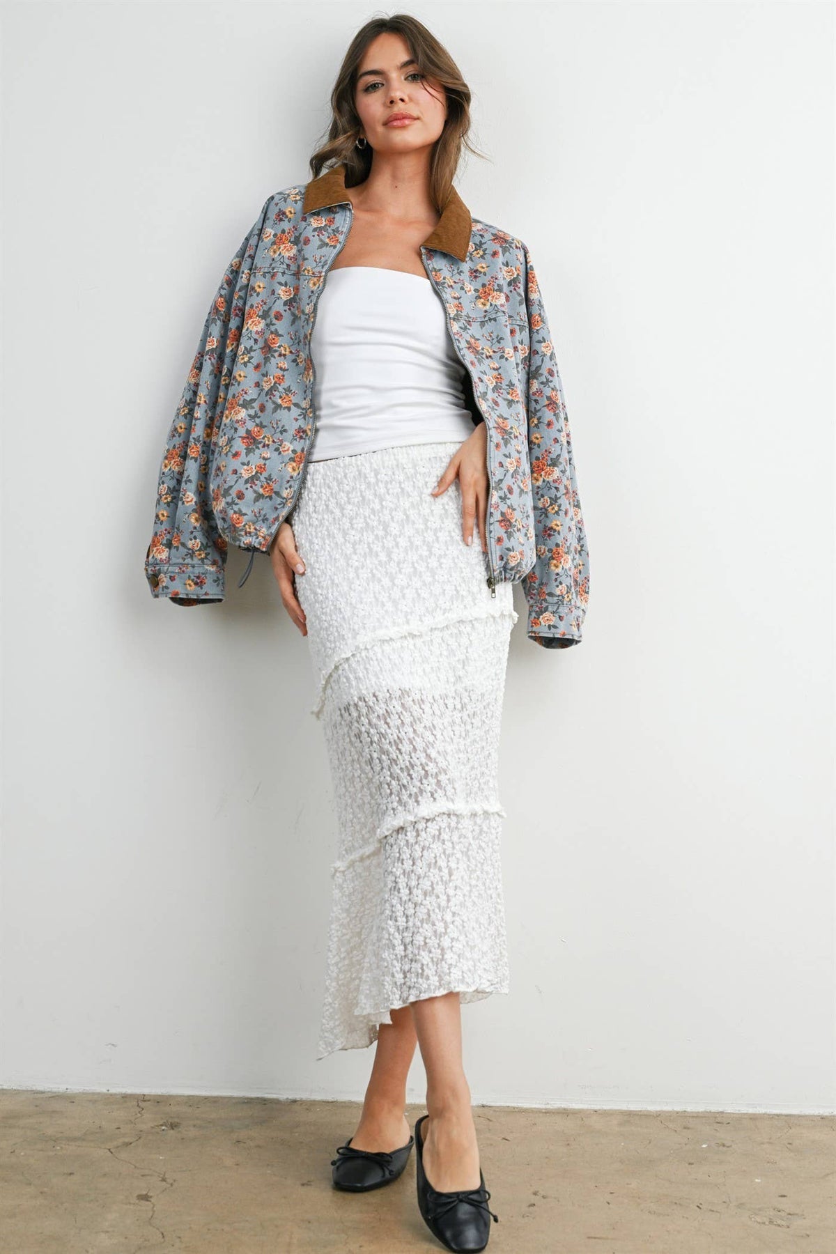 Floral Print Corduroy Collar Jacket