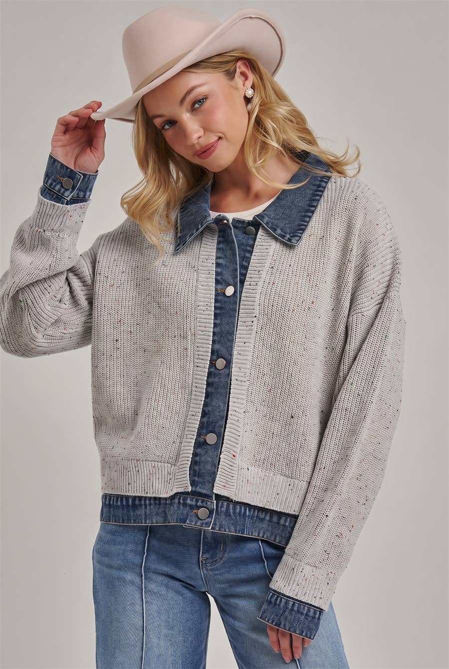 Sweater Jacket with Denim Trim
