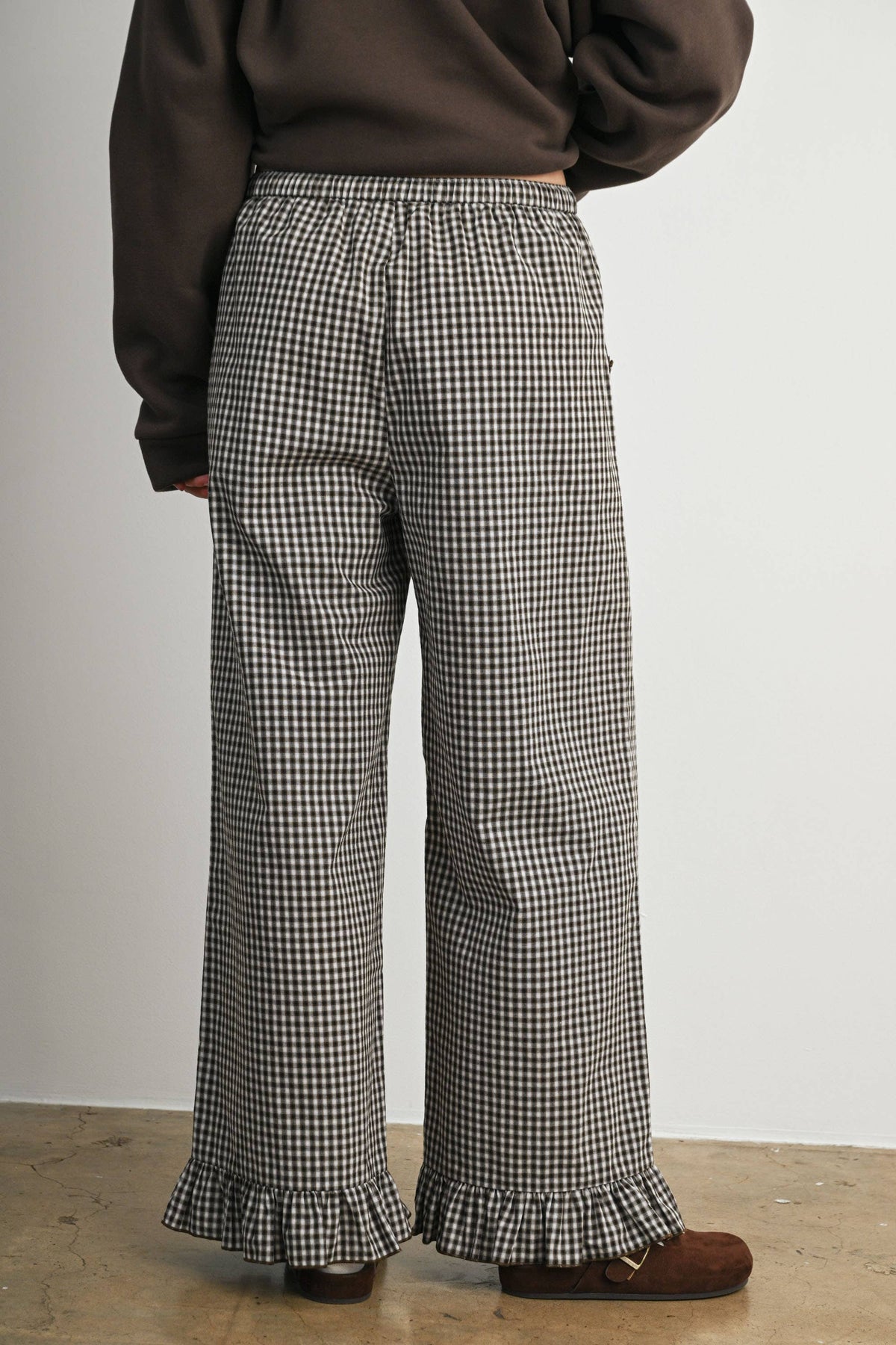 Gingham Ruffle Hem Wide Leg Pants