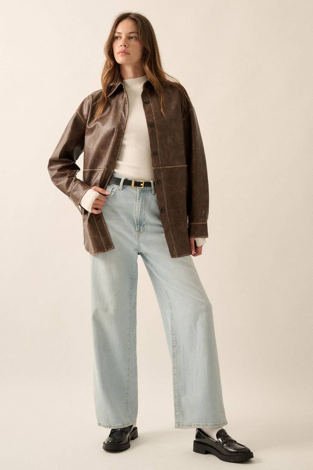 Faux Leather Button-Front Shacket
