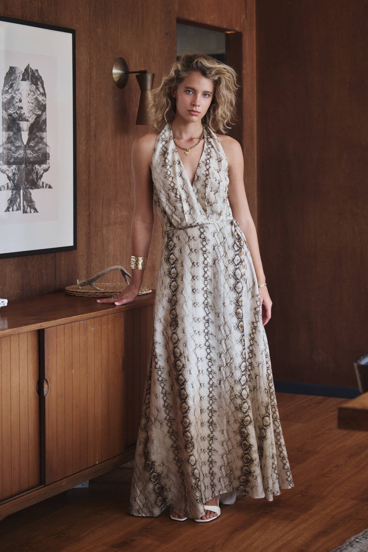 Snake Print Tencel Linen Halter Maxi Dress