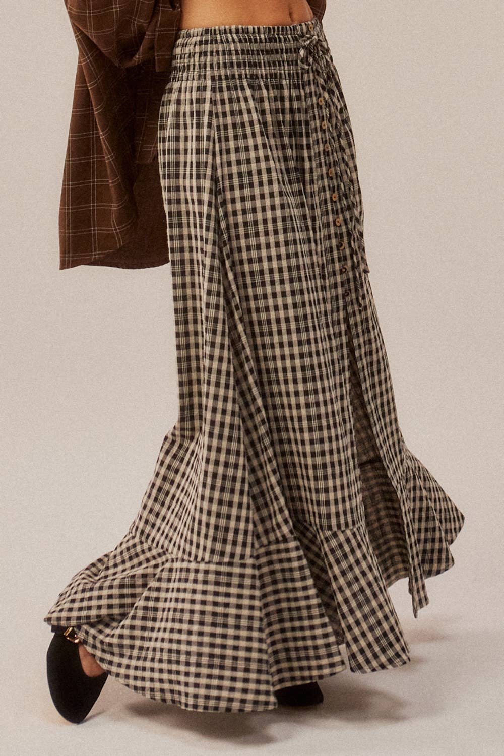 Woven Plaid Button-Front Ruffle-Hem Drawstring Maxi Skirt