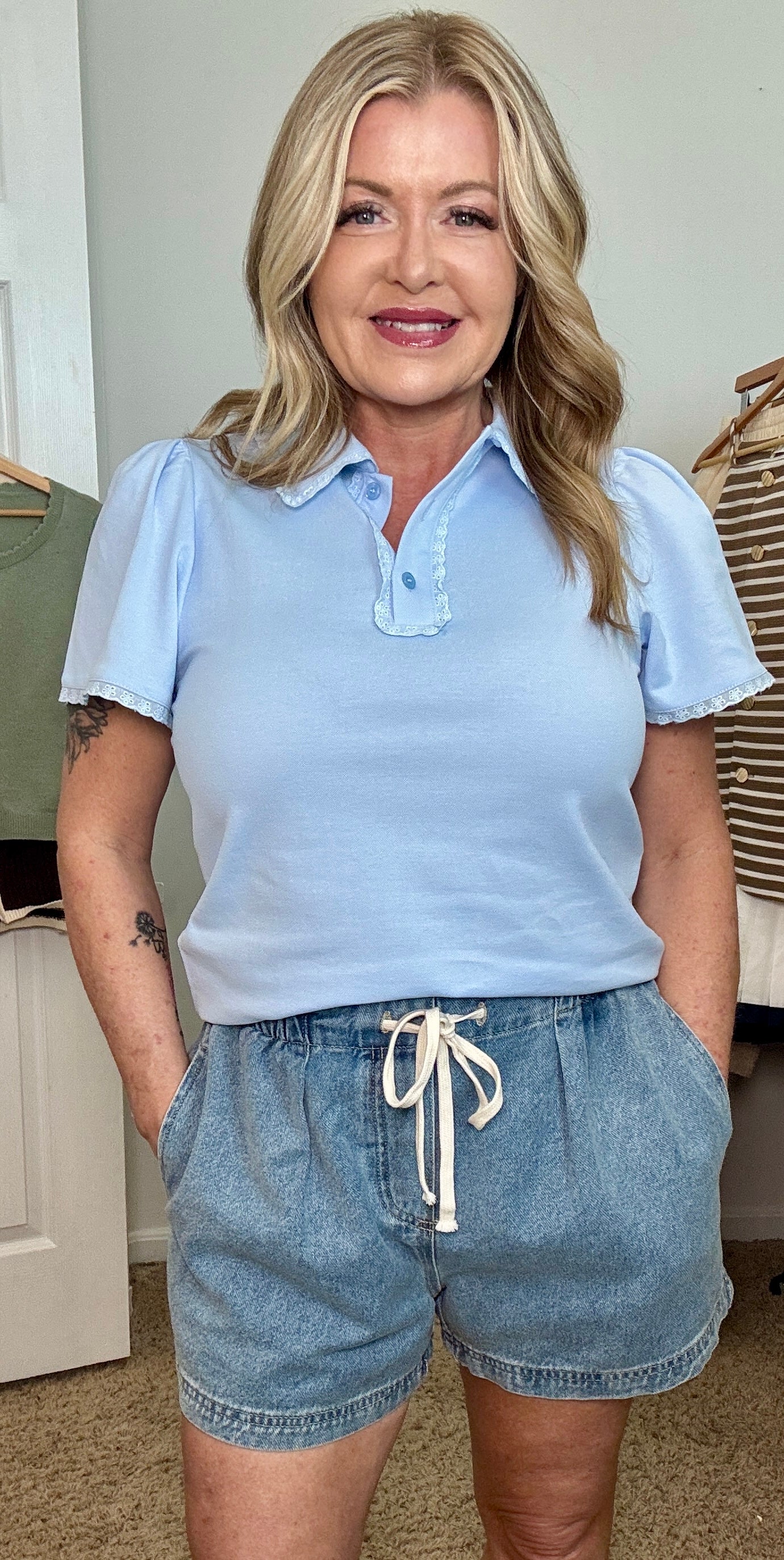 Collard Lace Trim Polo Top