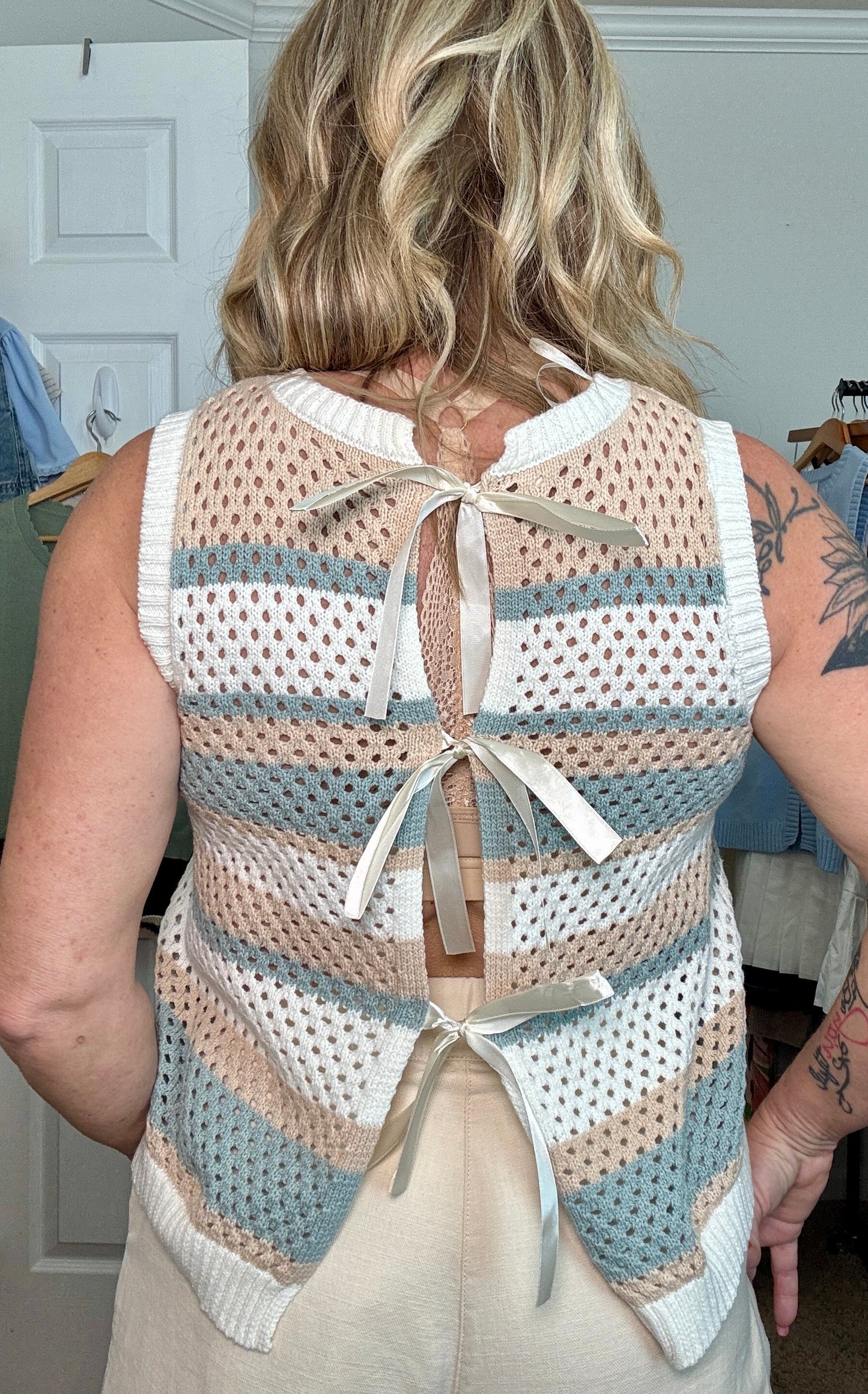 Striped Crochet Knit Vest w/Triple Ribbon Tie Back