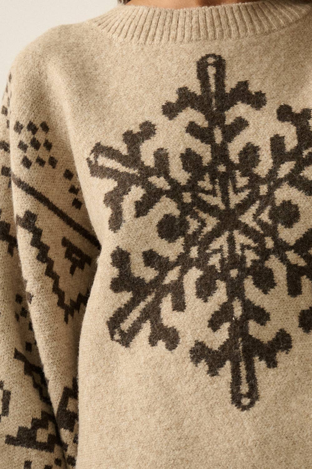 Snowflake Nordic Jacquard-Knit Dolman-Sleeve Sweater- Red and Sand