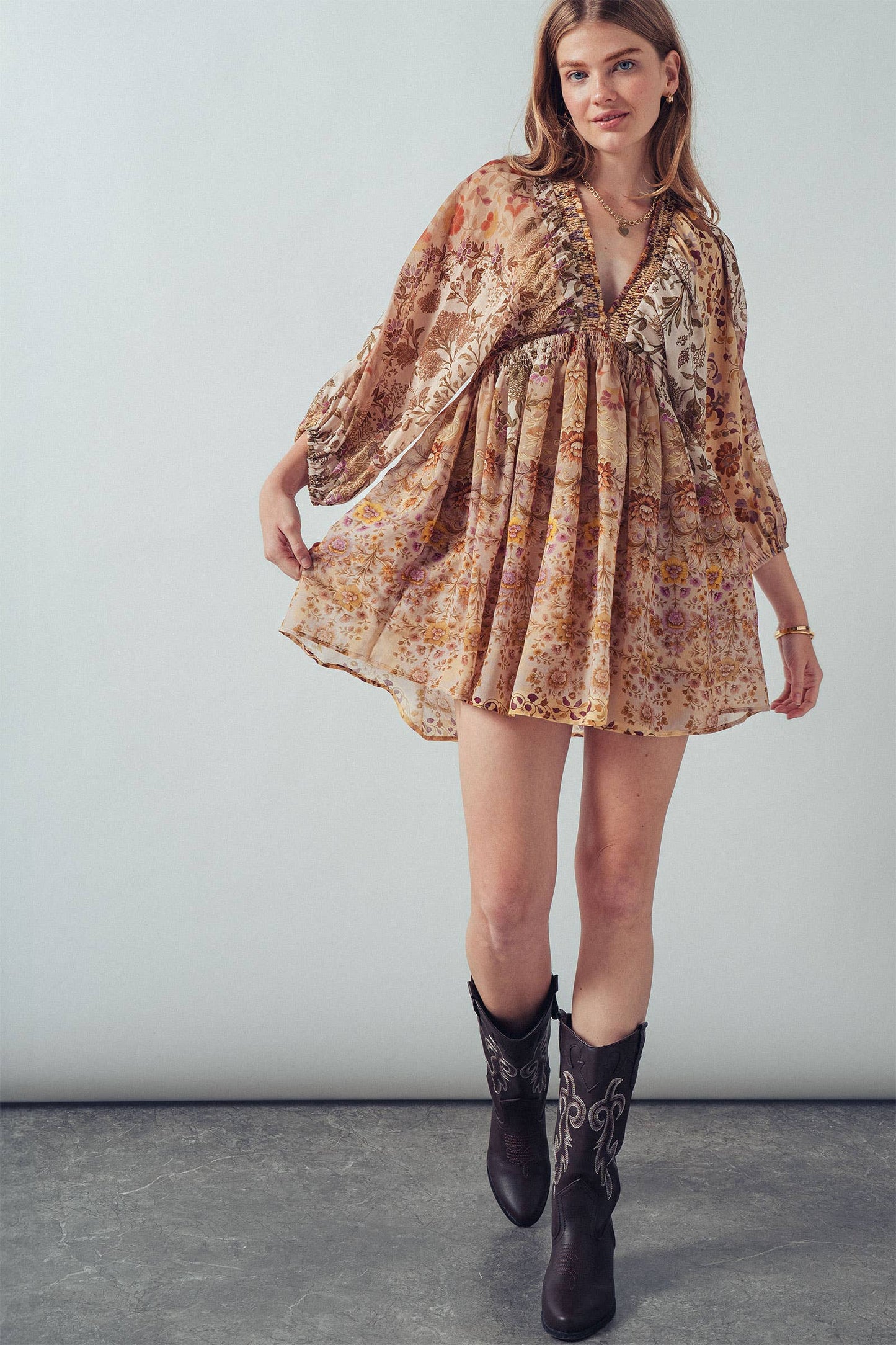 Mixed-Print Boho Smocked Waist Mini Dress