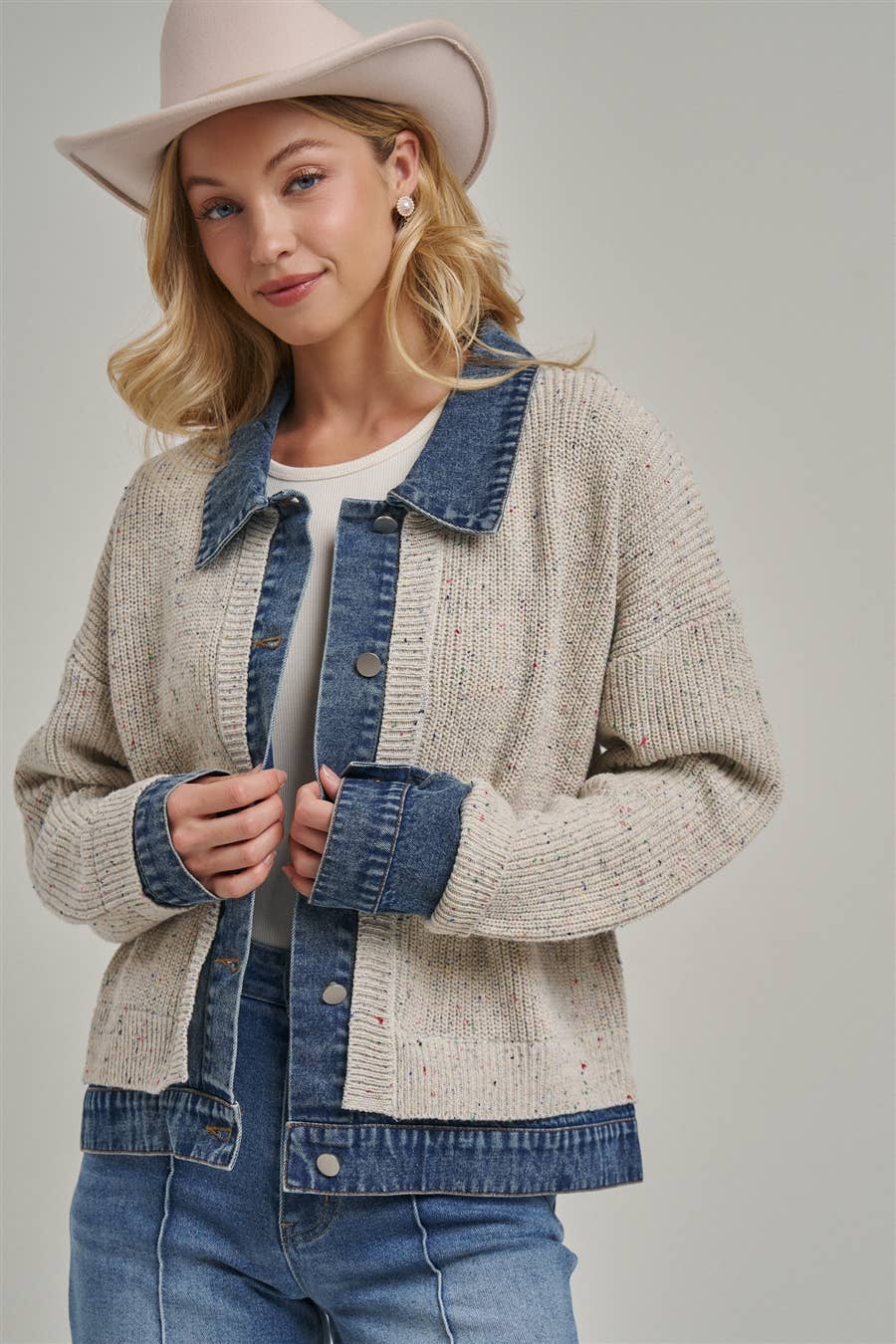 Sweater Jacket with Denim Trim