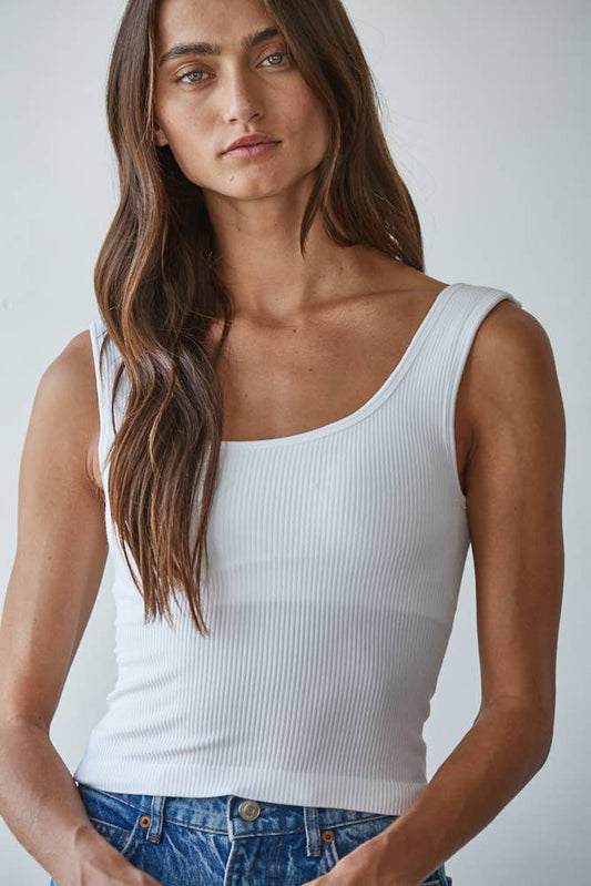 Seamless Ribbed Tank With Shelf Bra- White and Scarlet