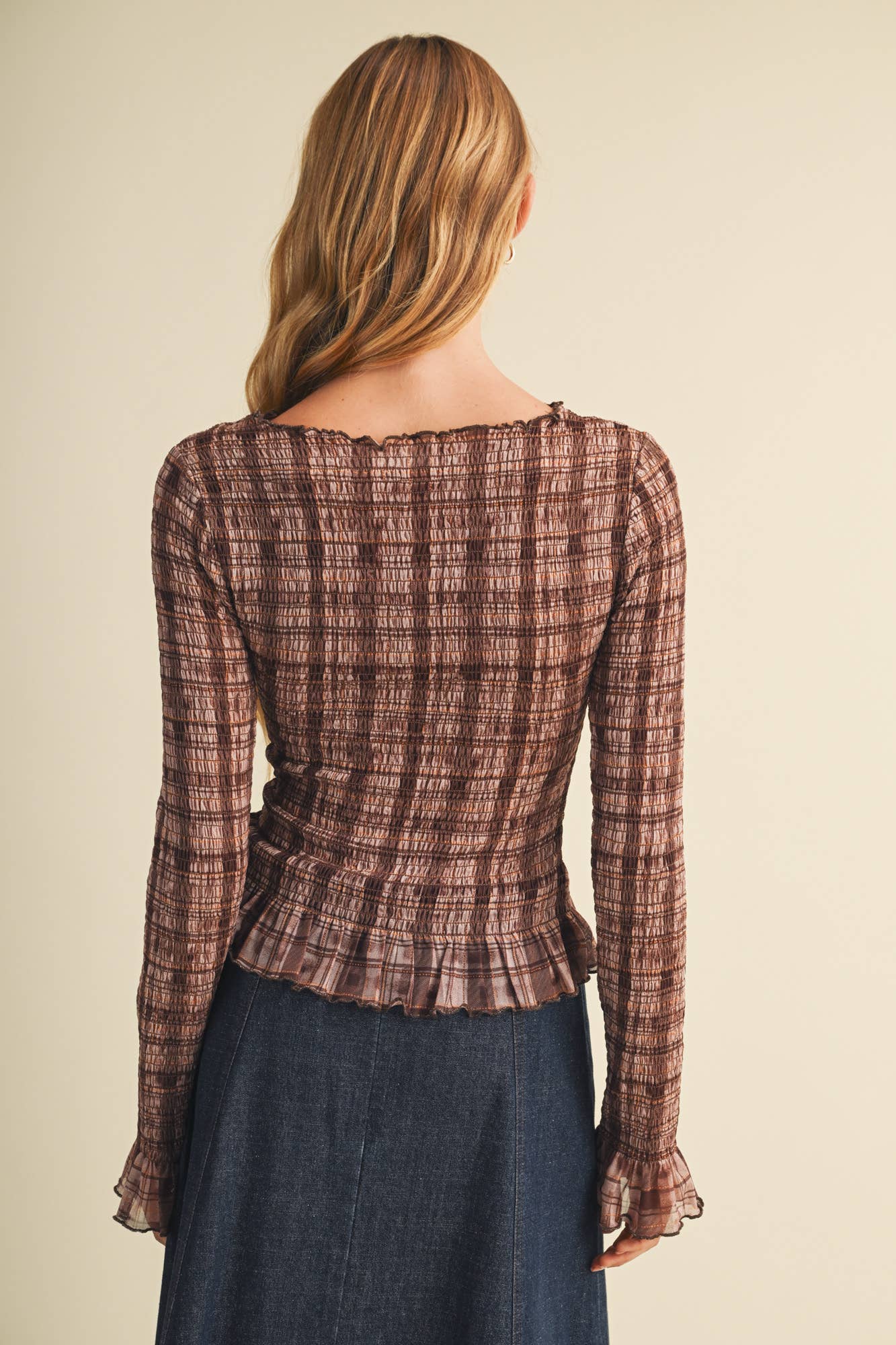 Sheer Plaid Knit Shirred Pullover