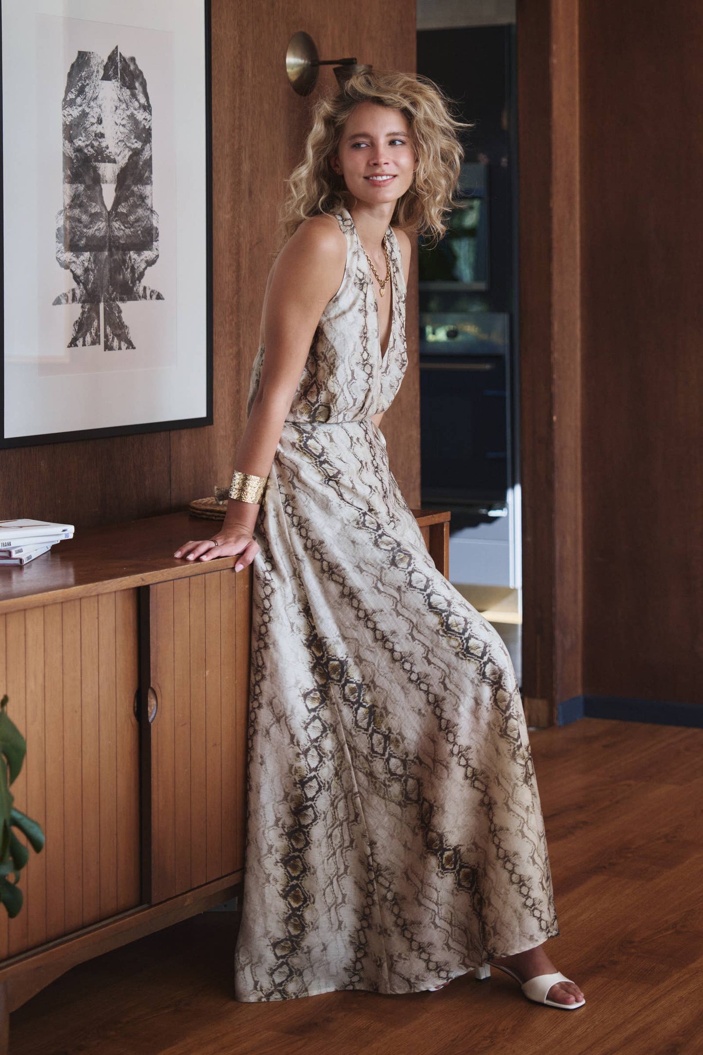 Snake Print Tencel Linen Halter Maxi Dress