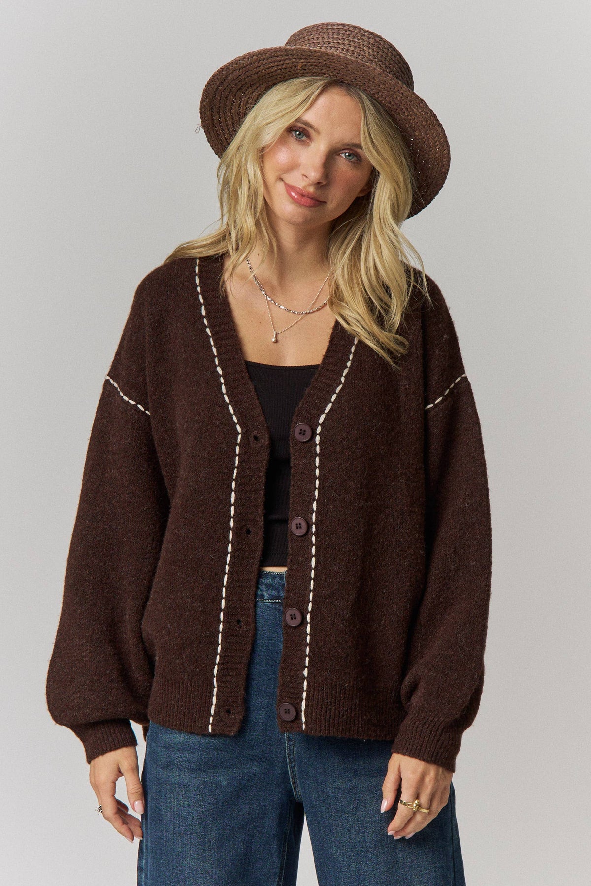 Contrast Stitch Button Front Cardigan- Taupe or Brown