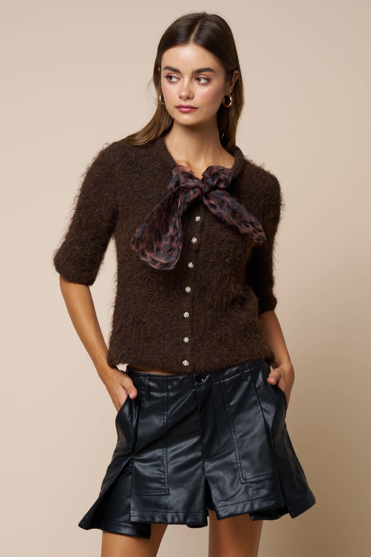Leopard Scarf Tie Button-Down Sweater Top