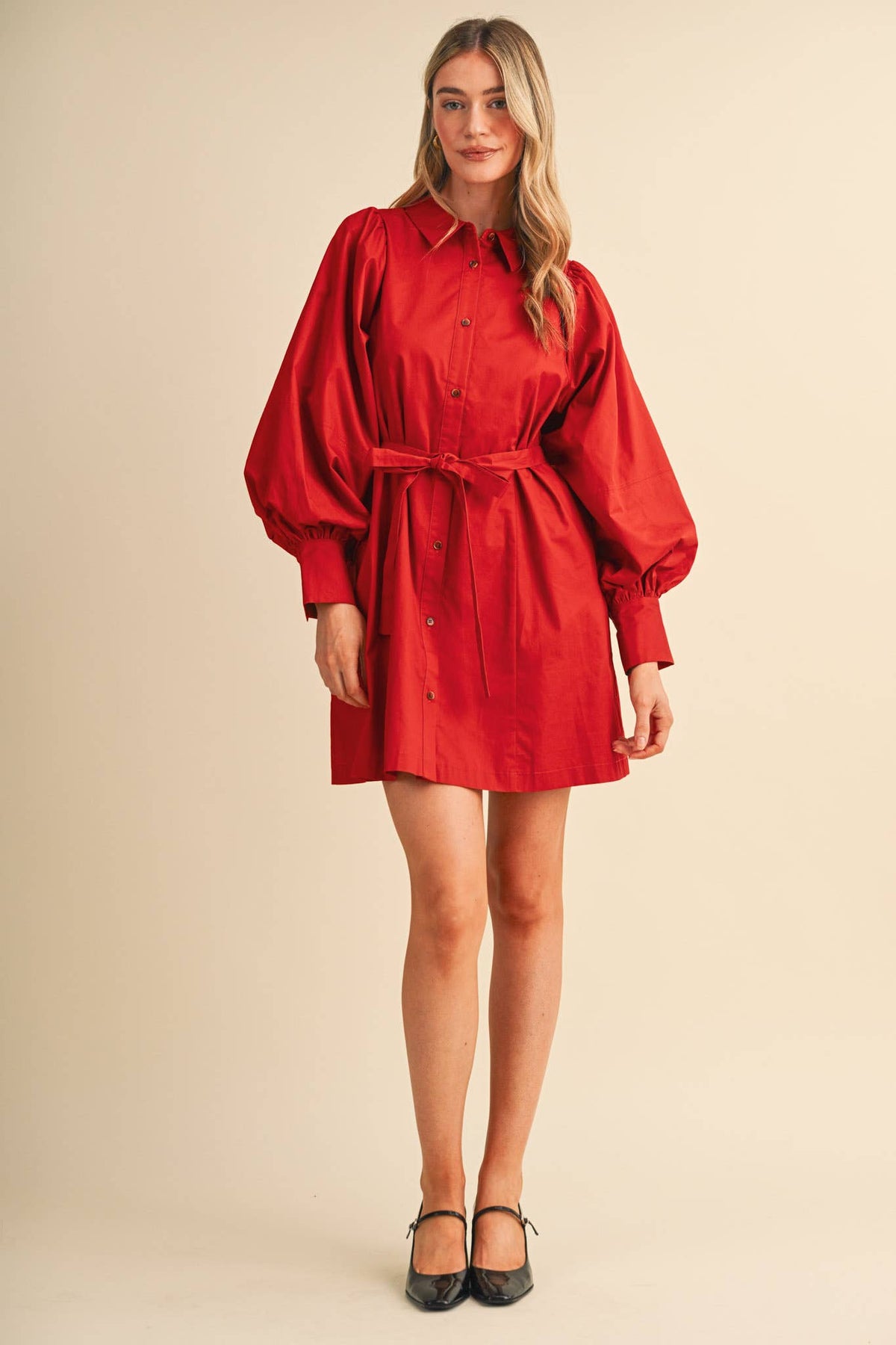 Button Down Belted Mini Dress- Off White or Red