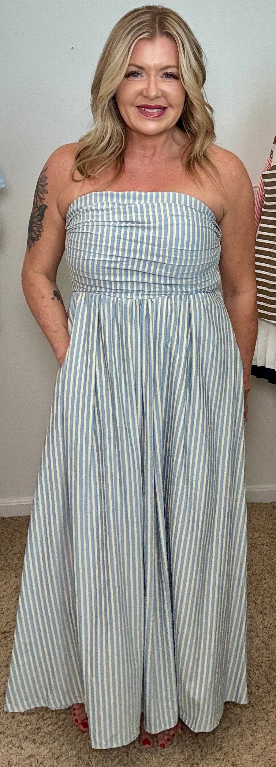 Striped Strapless Flare Maxi Dress