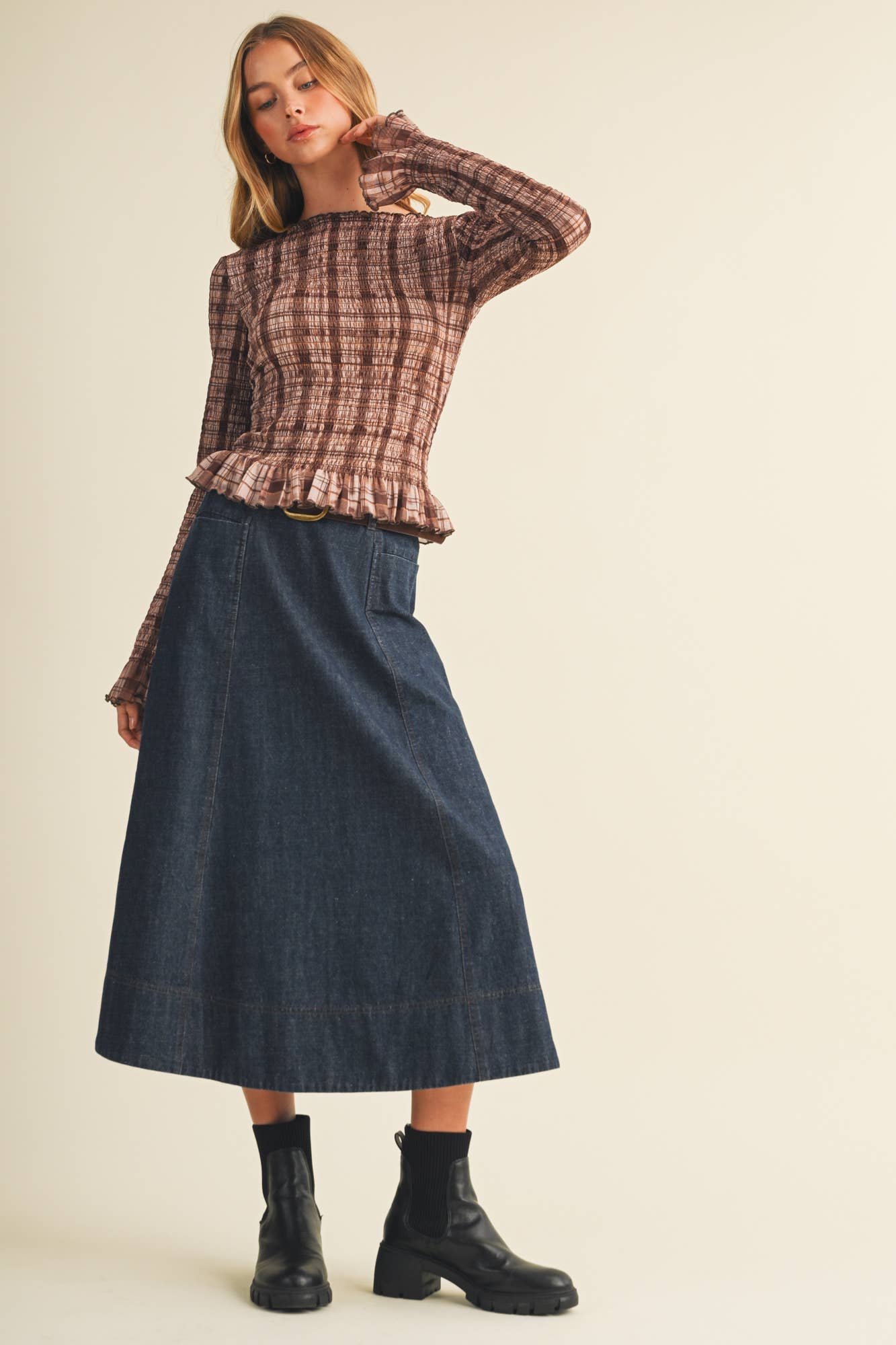 Sheer Plaid Knit Shirred Pullover