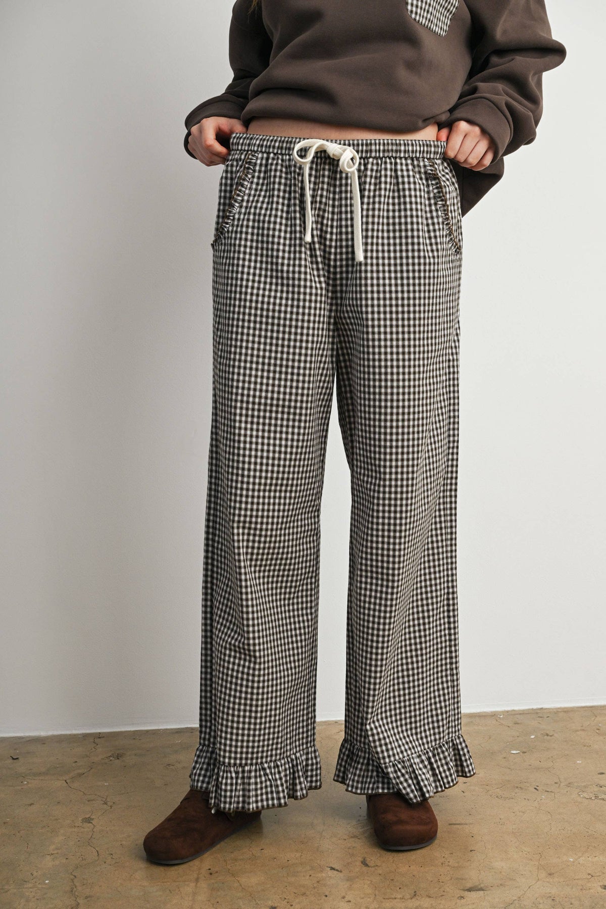 Gingham Ruffle Hem Wide Leg Pants