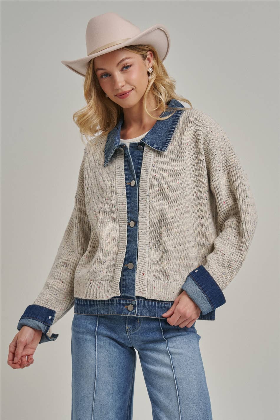 Sweater Jacket with Denim Trim