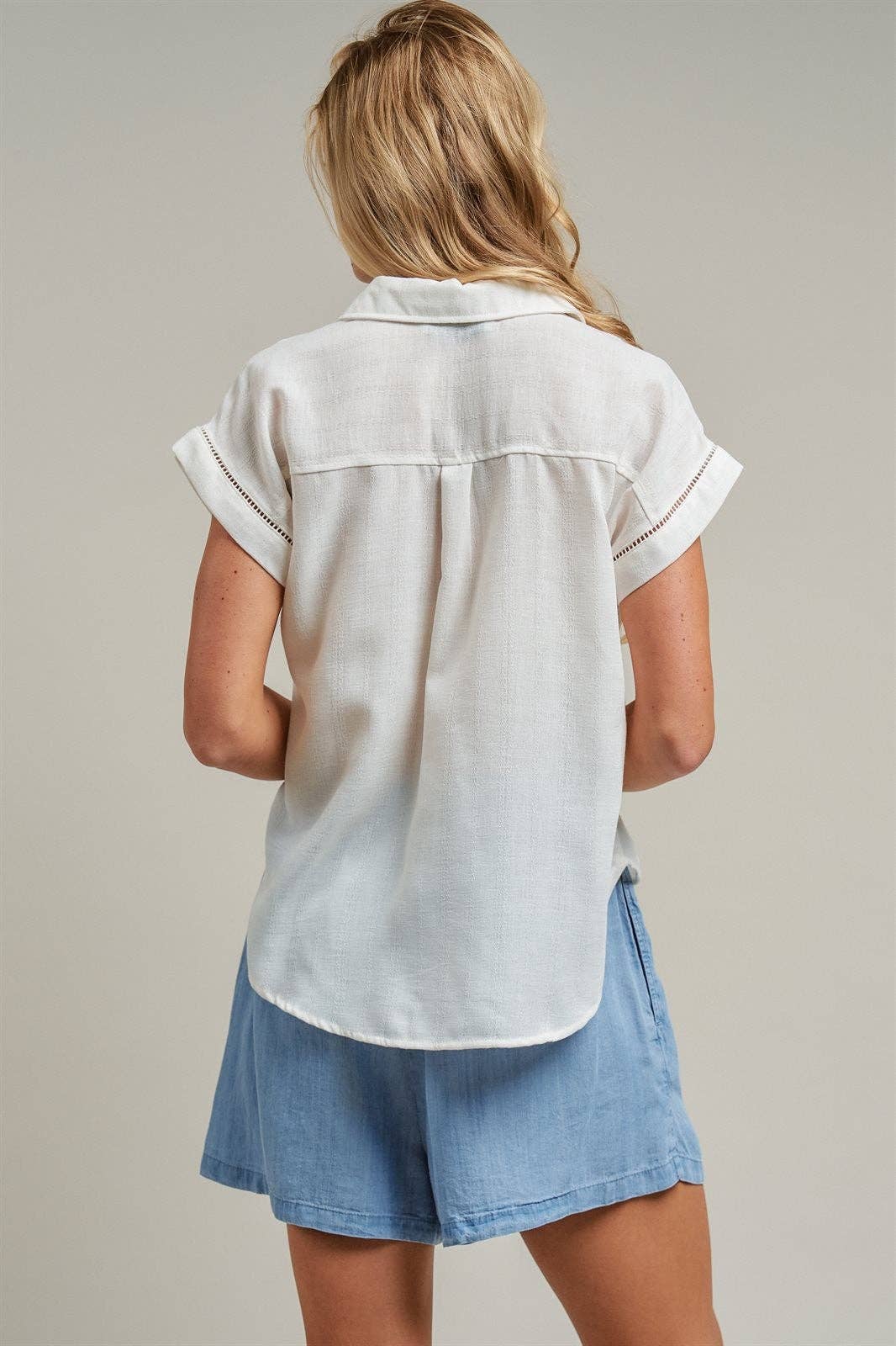 Linen-Inspired Ladder Trim Polo Top