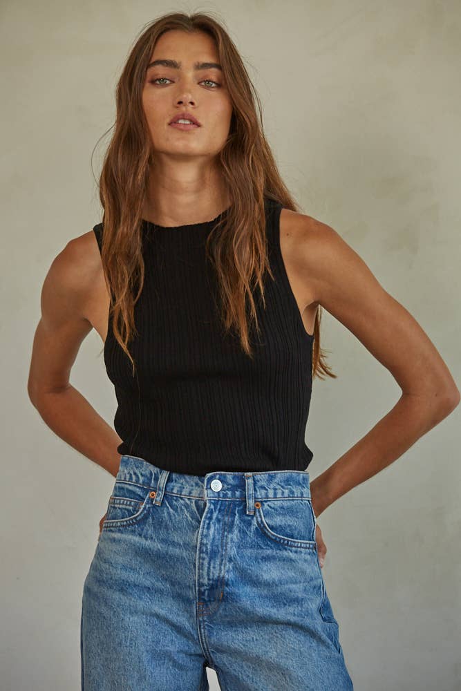 Knit Ribbed Boat Neck Sleeveless Top