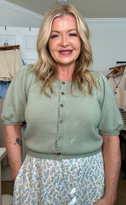 Puff Short Sleeve Button Down Knit Cardigan
