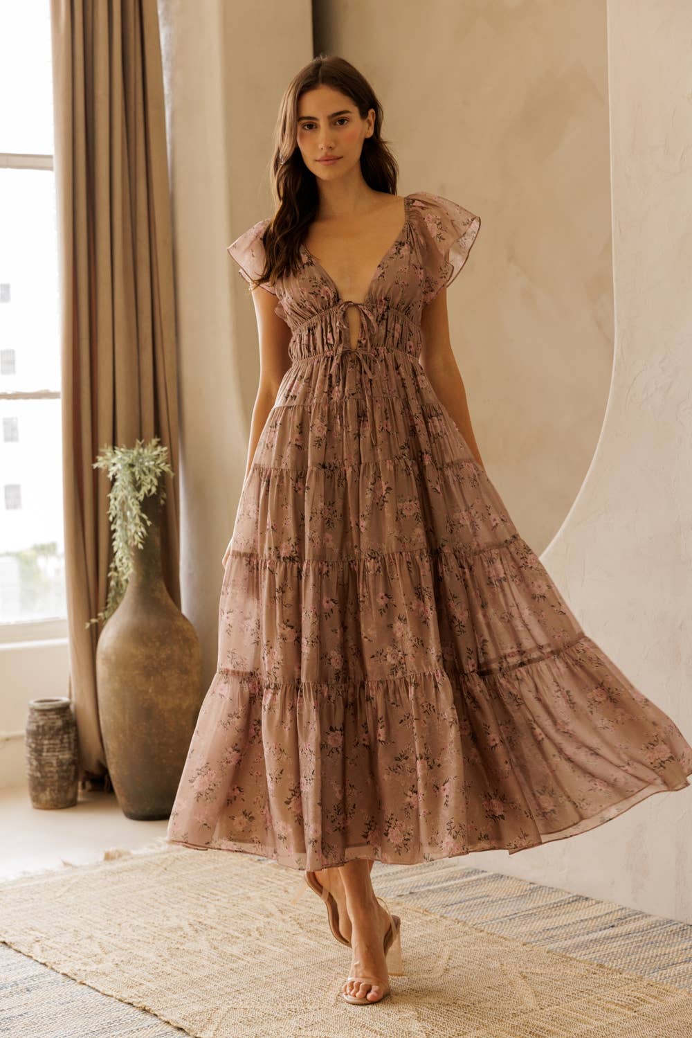 Floral Tie Front Tiered A-line Dress