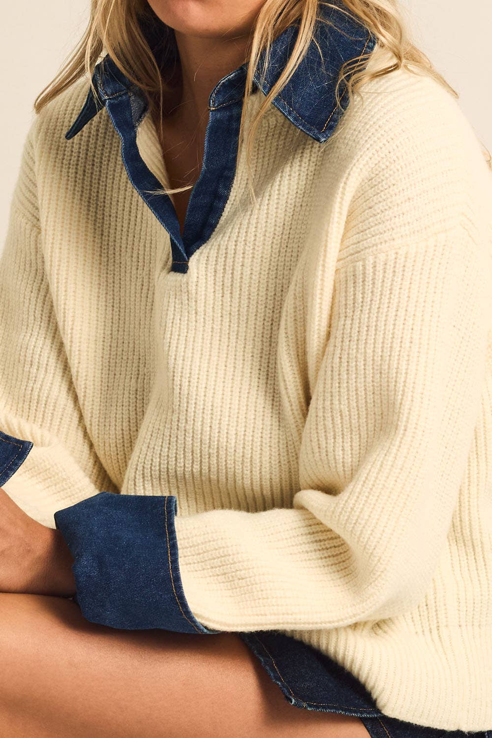 Rib-Knit and Denim Layered-Look Split-neck Collared Sweater