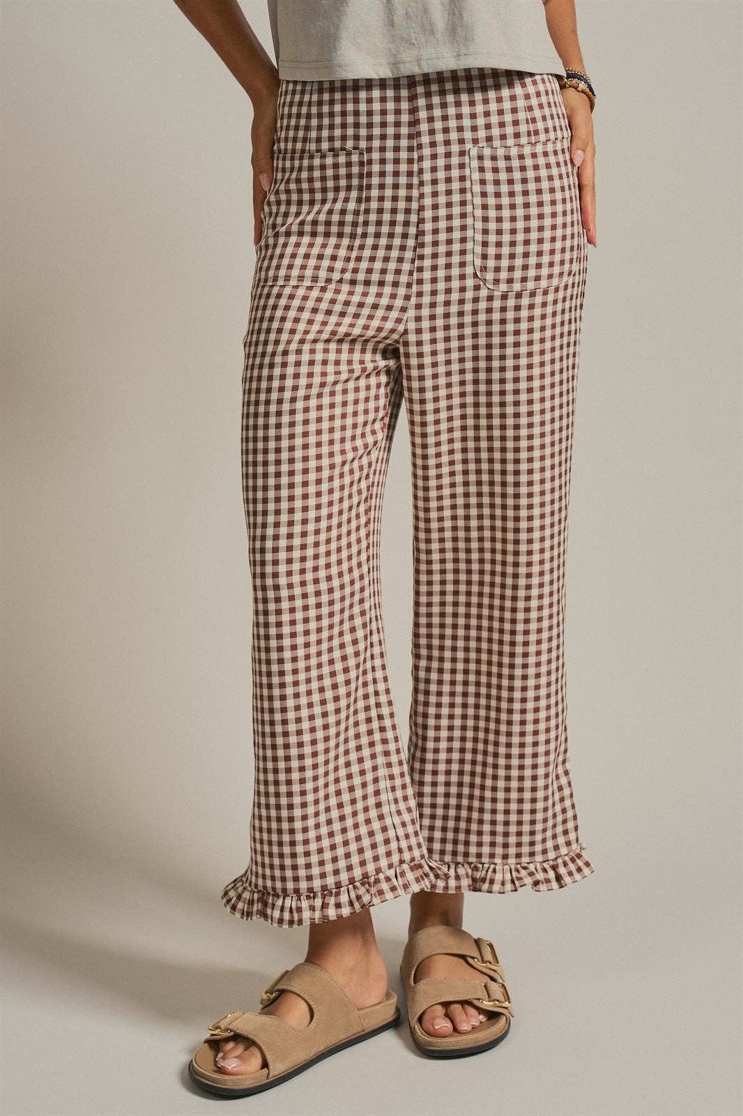 Gingham Ruffle Hem Cropped Wide Leg Pants