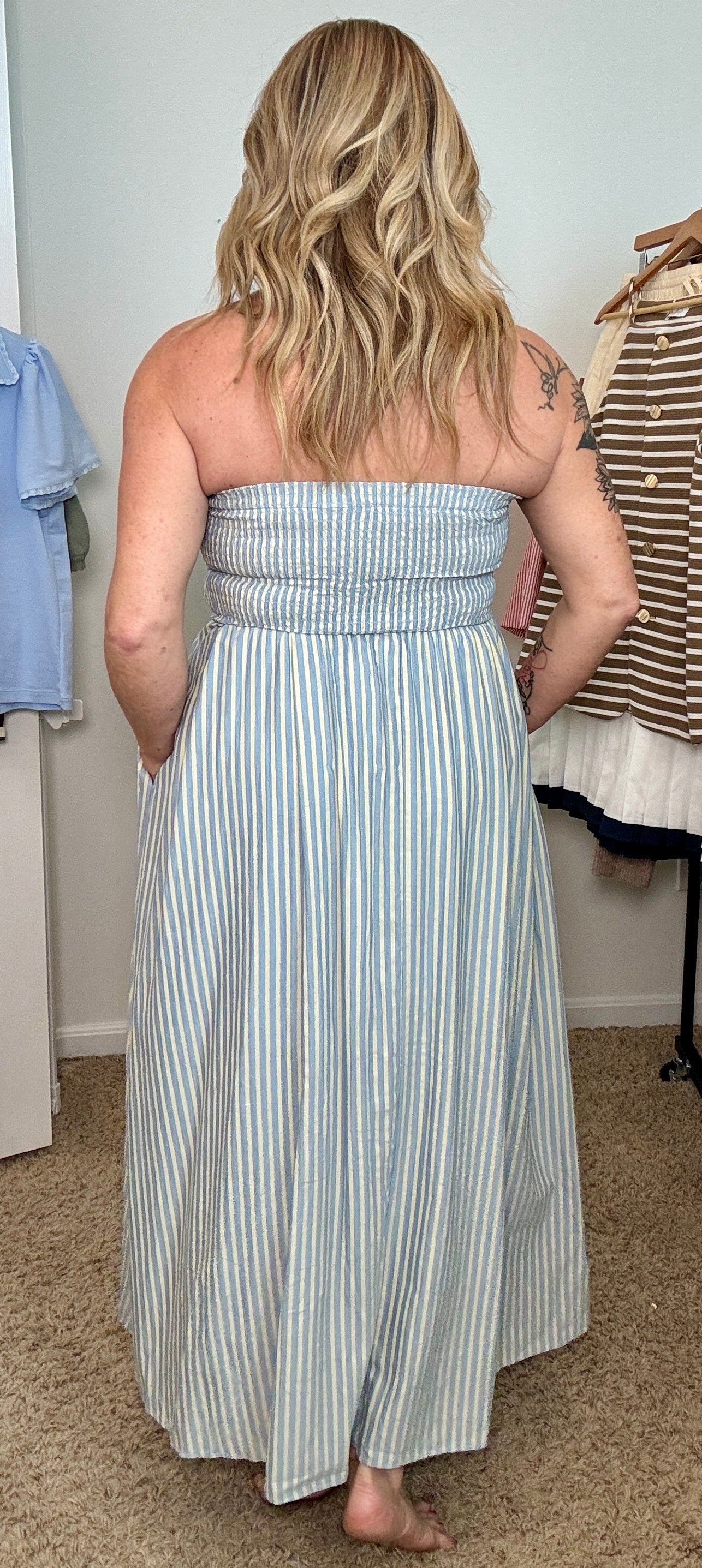 Striped Strapless Flare Maxi Dress