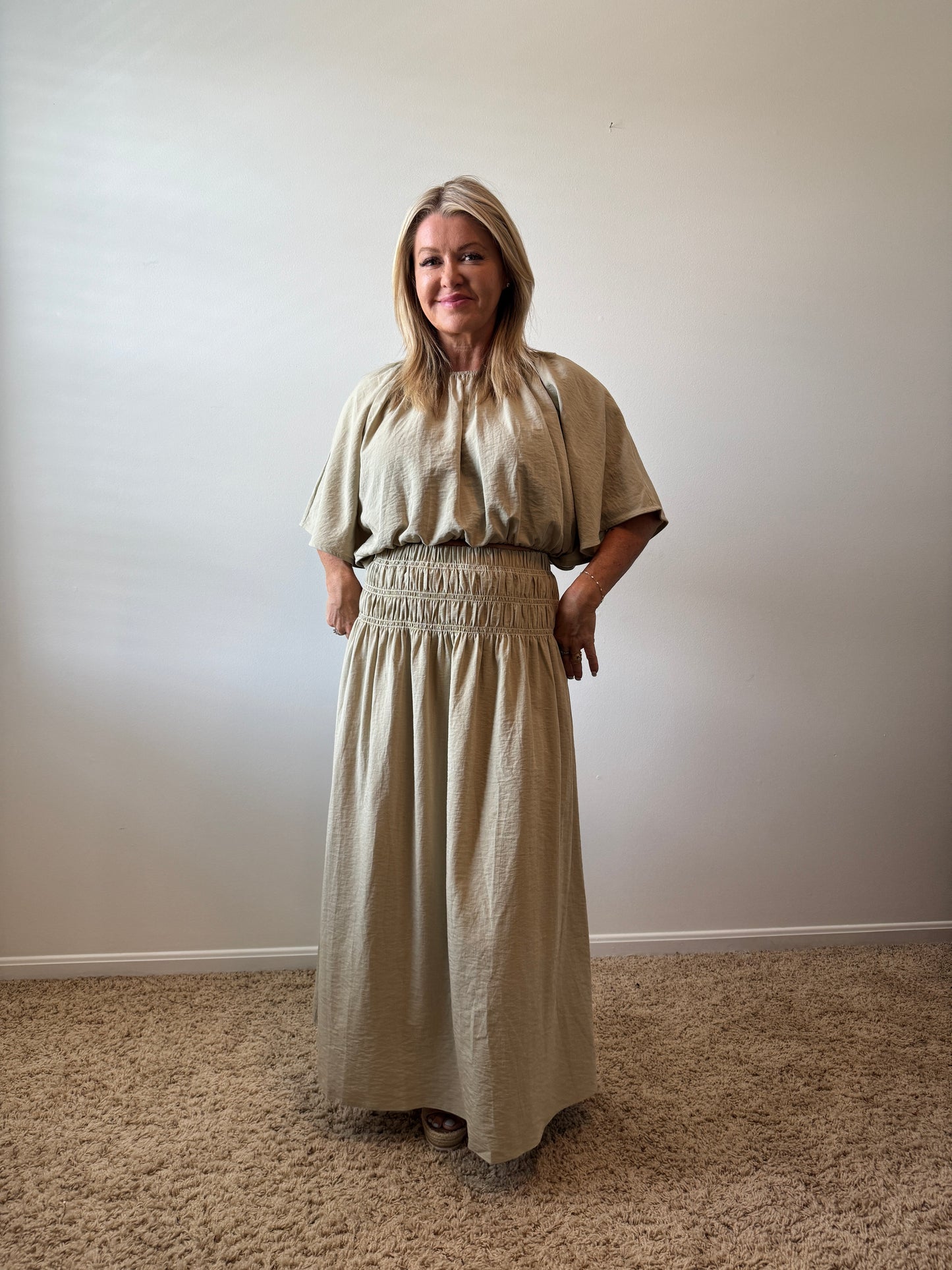 Smocked Waistband A-Line Maxi Skirt