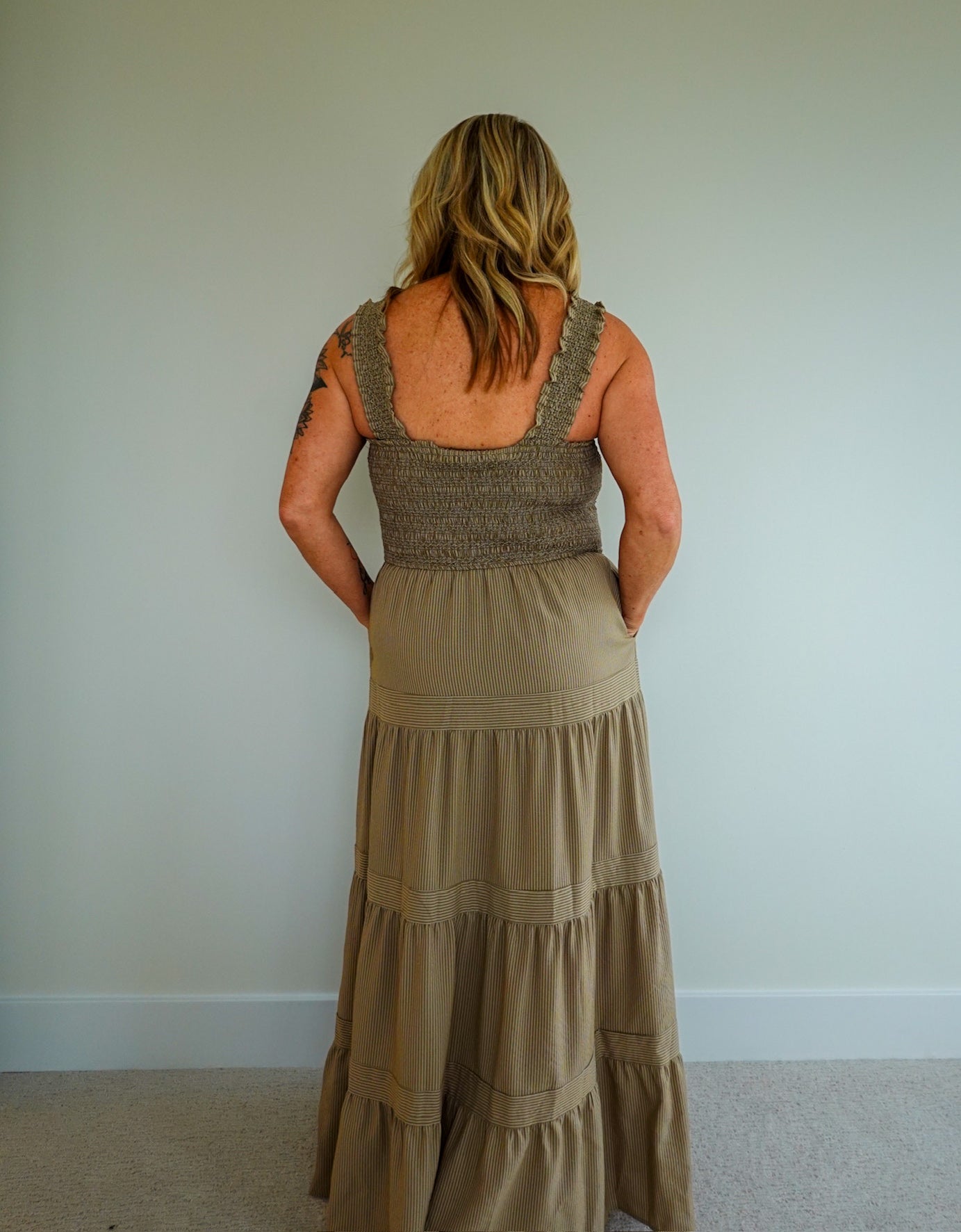 Striped Smocked-Bodice Tiered Dress