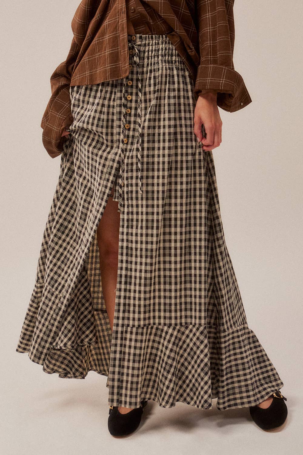 Woven Plaid Button-Front Ruffle-Hem Drawstring Maxi Skirt