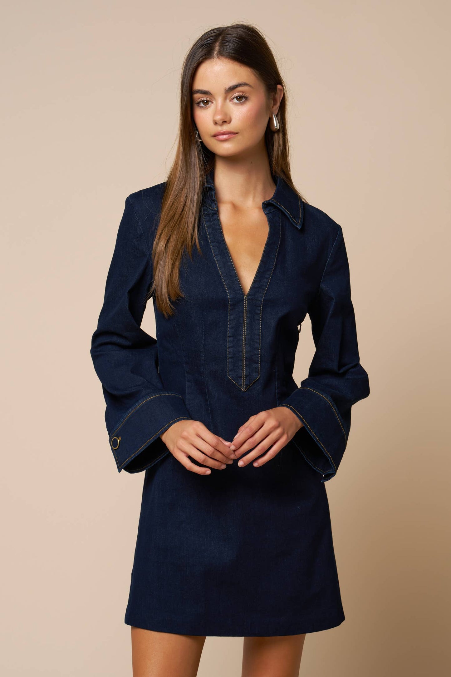 Collared Deep V-Neck Denim Dress