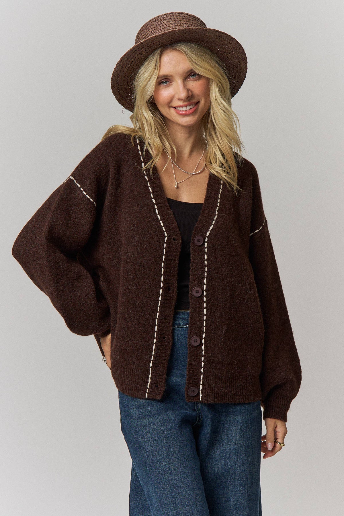 Contrast Stitch Button Front Cardigan- Taupe or Brown