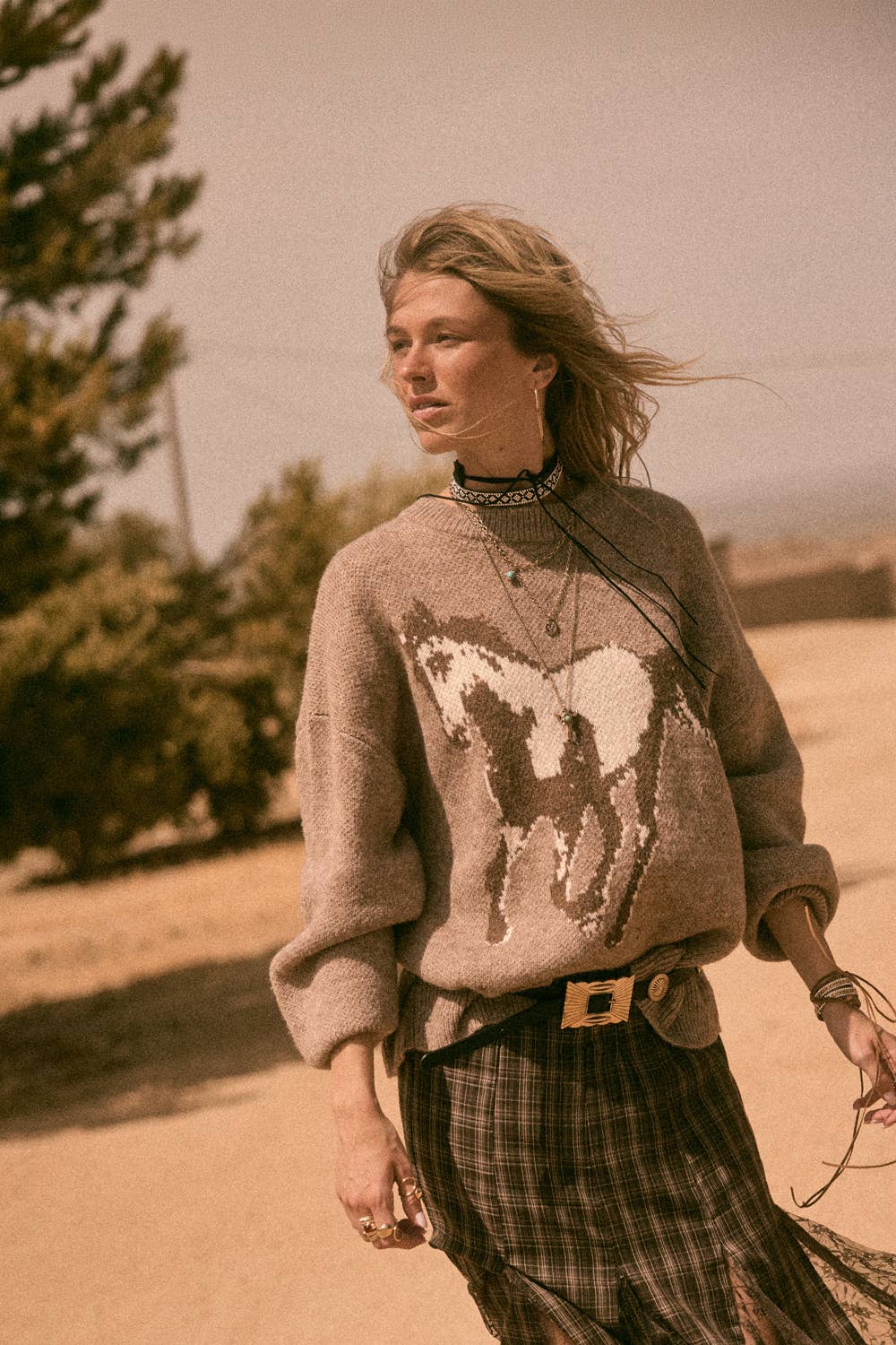 Horse Jacquard-Knit Loose-Fit Drop-Shoulder Sweater